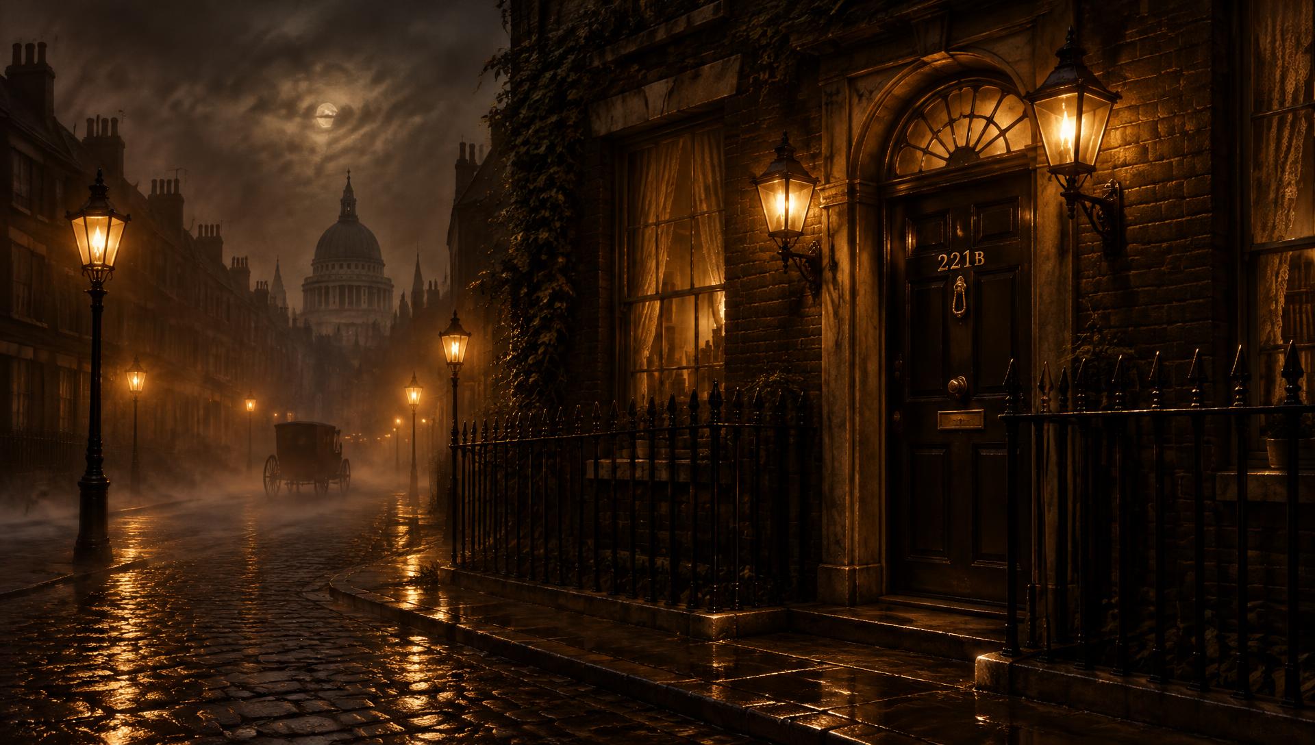 A 221B Baker Street em uma noite de névoa, com lampiões a gás acesos
