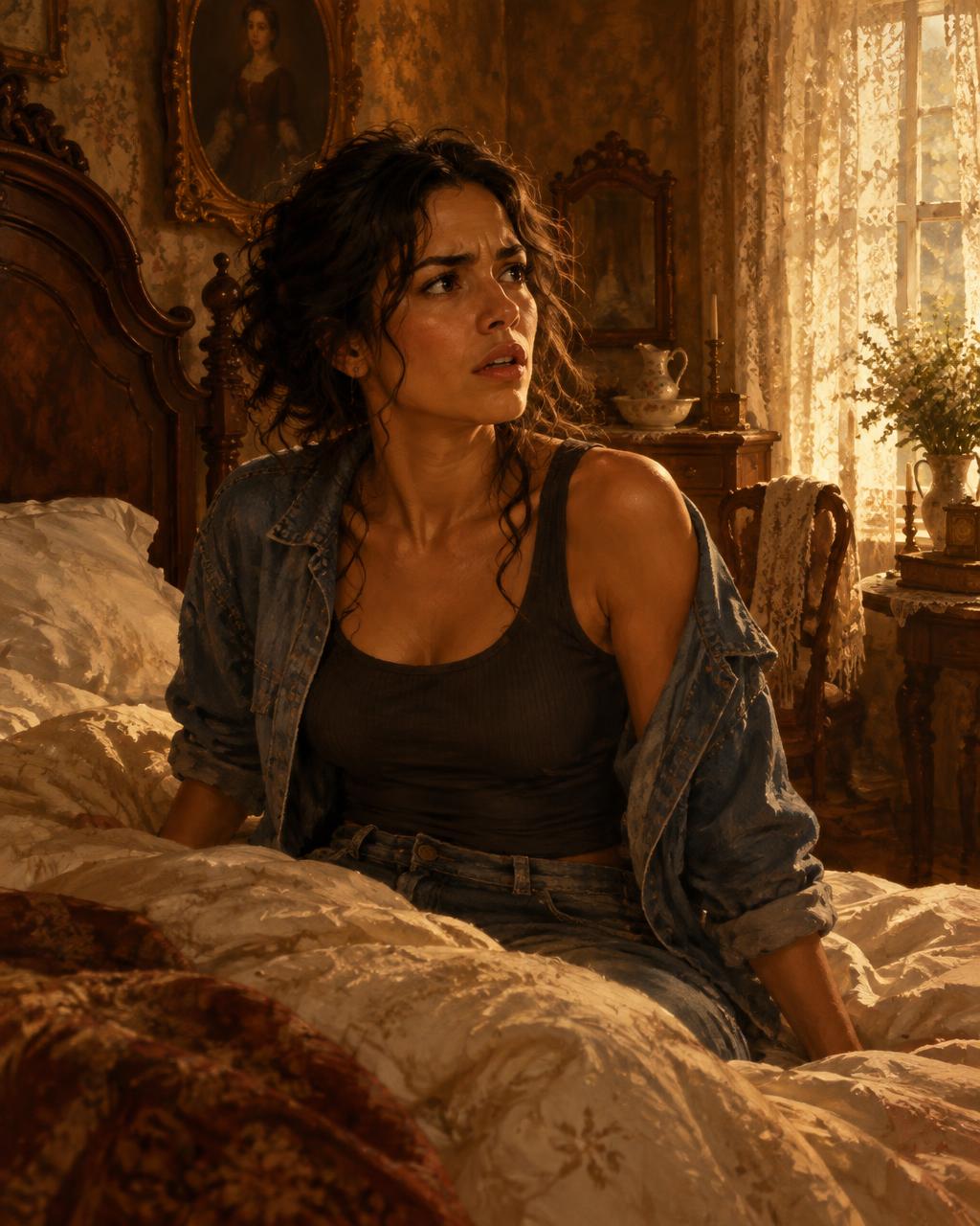 Laura acordando desorientada em um quarto vitoriano